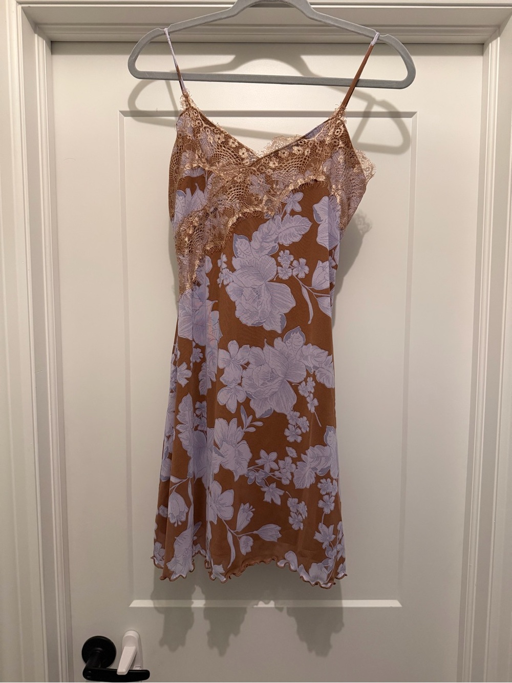 Floral Lace-Trim Slip Dress in Brown & Lavender